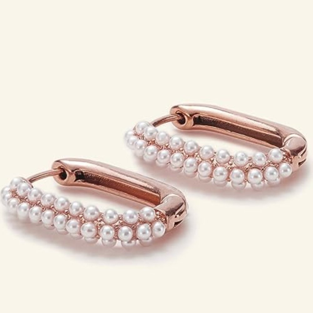 Rose Gold and Pearl Rectangle Hoops Rectangular Hoop Earrings Pave Pearls - Picture 5 of 12